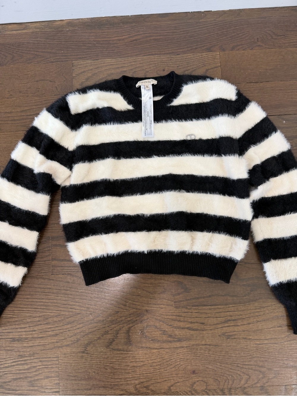 Twin-Set Black and White Fuzzy Striped Crewneck Sweater